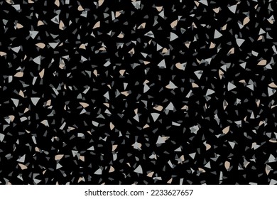 Abstract Venetian Pattern. Mosaic Terrazzo Terazzo Design. Glass Seamless Print Terrazzo Beige Marble Material. Stone Concrete Irregular Art. Vector Wall Italian Texture. Gray Marble Black Background.