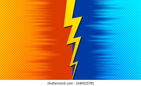Abstract versus background with orange and blue sides and lightning between them. Vector illustration
