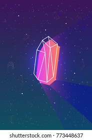 Abstract vertical backdrop with glowing neon colored polygonal geometric shape and its outline against night sky full of stars and crescents on background. Modern colorful vector illustration.