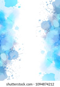 Abstract vertical background banner with watercolor splashes frame. Blue colored. Template painted background for your designs. Vector illustration.