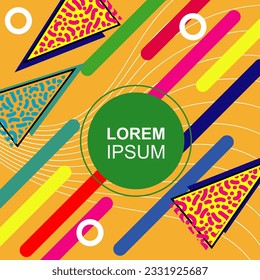 Abstract vertical background card with various geometric shapes ornaments. Vertical wallpaper with geometric memphis style.