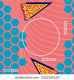 Abstract vertical background card with various geometric shapes ornaments. Vertical wallpaper with geometric memphis style.