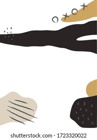 Fondo vertical abstracto con formas coloridas y elementos de dibujo. Fondo para el estilo minimalista de la página de aplicaciones móviles. Ilustración vectorial. Blanco, beige, ocre y negro.