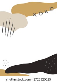Abstract vertical background with colorful shapes and sketch elements. Background for mobile app page minimalistic style. Vector illustration. White, beige, ochre and black.
