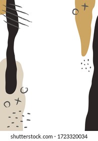Abstrakter vertikaler Hintergrund mit bunten Formen und Skizzenelementen. Hintergrund für mobile App-Seite minimalistischer Stil. Vektorgrafik. Weiß, beige, ockerfarben und schwarz.