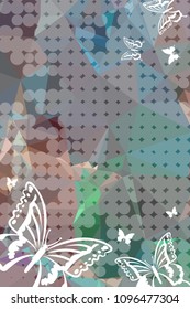 Abstract vertical background with flying butterflies and dots. Vector clip art.