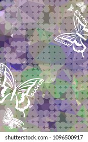 Abstract vertical background with flying butterflies and dots. Vector clip art.