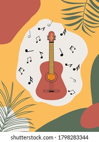 Abstract vertical background with guitar and elements of tropical leaves. Colorful template for Wallpaper, wrapping paper, clothing, fill, decor.Vector illustration