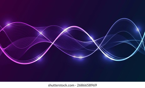 Abstract vertical background with neon light lines and particle flow. Futuristic technology template with ample copy space.