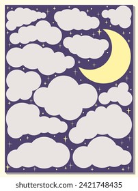 Abstract vertical background with night sky, crescent moon, clouds and stars. Template for scraps, ideas, wish lists, notes, feelings, dreams