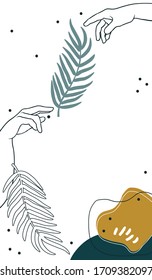 Abstract vertical background with tropical elements, shapes and hand  sketch. Background for mobile app page minimalistic style. Vector illustration. Green and ochre.