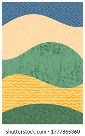 Abstract vertical background vector, nature, agricultural landscape.  Landscape illustration with colorful template. Grunge texture. Design template for flyer, poster, book or brochure cover