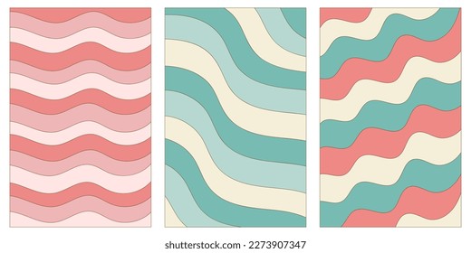 Abstract vertical backgrounds with colorful wawes in trendy 70s, 60s retro style.Vector