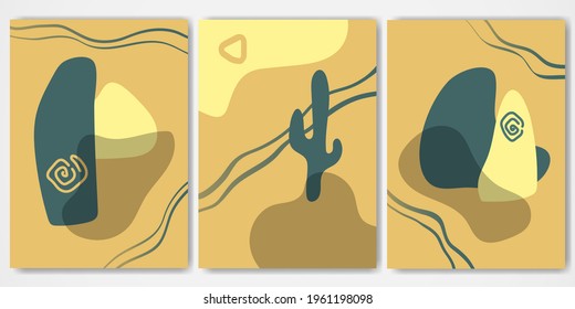 Abstract vertical backgrounds set in trendy style. Mystical ancient stones in the desert. Freehand minimalist shapes, sand and dark green colors. Creative vector print for wall decoration, leaflet.