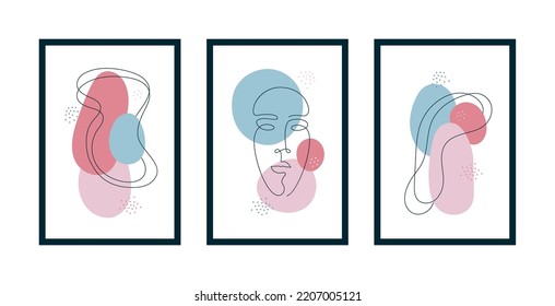 Abstract vertical banner template set. Vector colorful trendy one line design illustration. Collection of blue and pink frame with splash and female human face on white background for business offer.