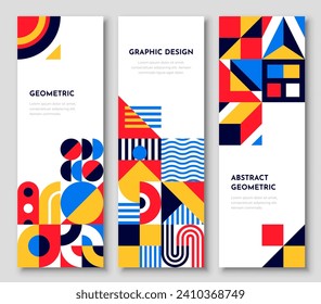 Abstract vertical banners, bauhaus geometric pattern design. Vector background or cover templates with abstract geometry, retro minimal shapes, graphic forms, lines in vibrant contrasting colors