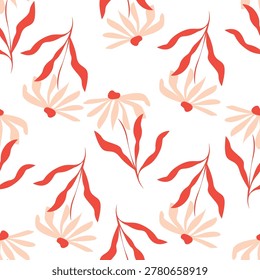Abstract Vertical Botanical Pattern with Retro Flower Silhouettes in Pink, Red and Lavender.
