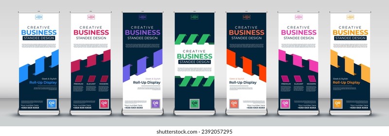 Abstract vertical business roll up Banner Design set for signboard Advertising Template standee X banner for Street Business in red, green, blue, yellow, orange, purple, orange 