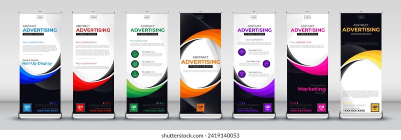 abstract vertical business roll up standee banner design set for Streets, events, presentations, meetings, annual events, exhibitions in blue, red, green, orange, purple, pink and yellow