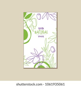 Abstract vertical card with branches of fresh olives. Organic food. Natural and healthy eating. Creative vector design for product emblem, promo banner or poster