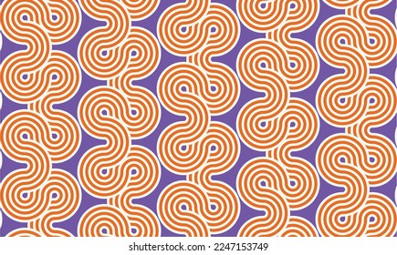 Abstract Vertical Complex Lines Tribal Hypnotic Labyrinth Stripes Retro Knot Geometric Seamless Upholstery Vector Pattern Minimal Decorative Design Orange Electric Purple Tones