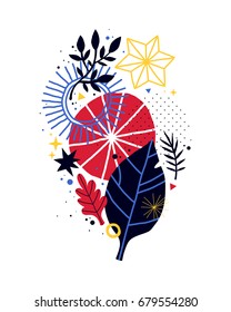 Abstract vertical composition with geometric and floral elements. Useful for web design, cards, invitations.