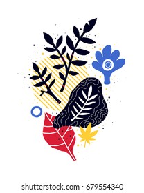 Abstract vertical composition with geometric and floral elements. Useful for web design, cards, invitations.