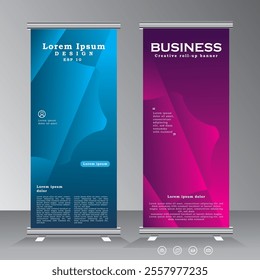 Abstract vertical creative business roll up Banner, Signboard Advertising standee print ready template in purple and blue for for events, presentations, meetings, exhibition, conferance, party,