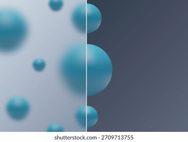 Abstrakte vertikale Teilung mit Glasmorphismus und blauen 3D-Kugeln. EPS 10