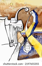 Abstract vertical drawing. Watercolor stylization and hand-drawn graphics. Concept of River, man, boat. Esotericism and psychology, 