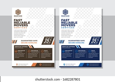 Abstract vertical flyer about logistics business. diagonal space for photo collage and discount element. blue and brown flat colors with white background. Minimalist Trend, layout A4 size,