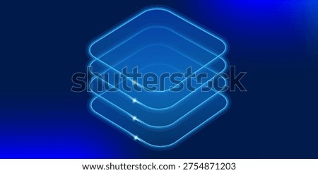Abstract vertical glass blocks symbolizing scalable digital systems, AI architecture and data growth. Futuristic blue technology background with transparent shapes, minimal design and copy space.