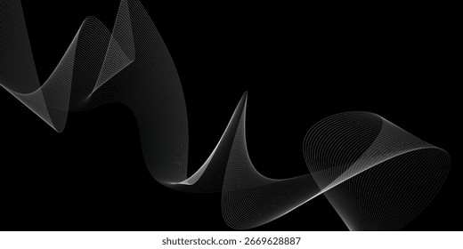 Abstract vertical glow wavy stripes on black background isolated. Wave of many glittering lines. Abstract backdrop with luxury white waves. White wave on a black background. Abstract vector pattern.	