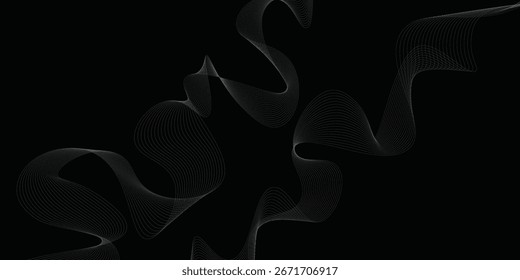 Abstract vertical glow wavy stripes on black background isolated. Wave of many glittering lines. Abstract backdrop with luxury white waves. White wave on a black background. Abstract vector pattern.