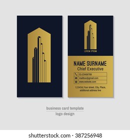 Abstract vertical gold and blue vector business card template. Visit card layout. Corporate business card . Modern business card with abstract isometric logo and icons. Vector illustration.