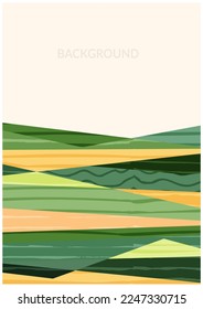 Abstract vertical green field landscape poster. Natural eco textured mountain hill background. Social media template in vintage style. Rural view, countryside layout, collage agriculture