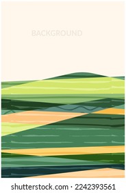 Abstract vertical green hill field landscape poster. Natural eco textured mountain background. Social media template in vintage style. Rural view, countryside layout, collage agriculture