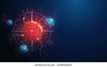 Abstract vertical illustration of targeting cancer cell made of glowing neon particles. Blue geometric background depicting cancer cell screening and disease treatment medical concept. Digital art