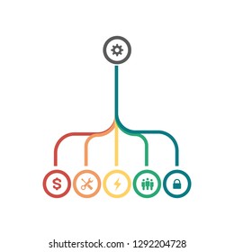 Abstract vertical infographic merging lines, team work concept, structure, all in one template. Merging, isolation, goal, part concepts. Website color menu items with icons.