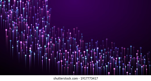 Abstract vertical line beams fiber optics concept. Geometric neon purple light particles. Information technology lines movement innovative illustration. Fiber optics compound backdrop.