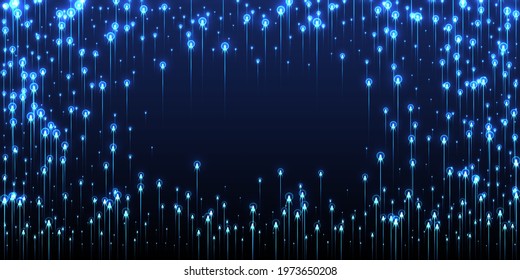 Abstract vertical line beams fiber optics vector. Geometric neon blue radiance particles. Electronic technology vertical lines visual illustration. Fiber optics advanced backdrop.