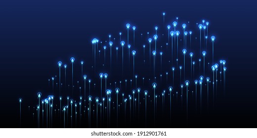 Resumen del concepto de fibra óptica de rayas verticales. Partículas geométricas de neón azul flash. Diseño innovador de líneas de tecnología de la información. El telón de fondo moderno de la fibra óptica.