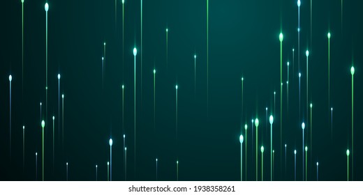 Abstract vertical line rays fiber optics vector. Geometric neon teal spark particles. Electronic industry lines shift up visual pattern. Fiber optics compound backdrop.