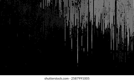 Abstract vertical line texture with a pixelated effect on a black background. Digital vector glitch pattern for graphic design. pixel art banner template.