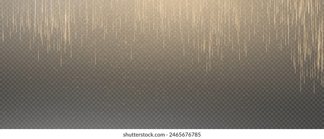 Abstract vertical lines of gold, white, red, purple, green light glow on a transparent background. Garlands hang vertically, falling confetti lights, bokeh, sparkles png.
