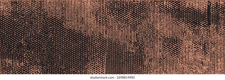 Abstract vertical lines and halftone dots texture with distressed and gritty effect on reddish orange background