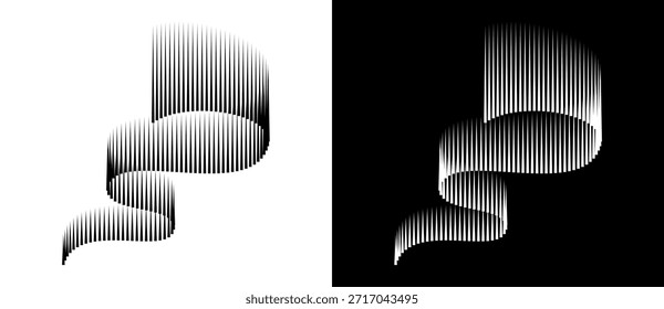 Abstractas líneas de Vertical. Ilusión óptica inspirada en la aurora boreal. Ideal para logo, icono o diseño. Forma negra sobre un fondo blanco y la misma forma blanca en el lado negro.