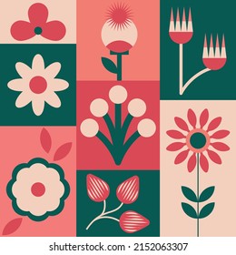 Abstract vertical minimalistic aesthetic floral illustration. Colorful silhouettes of plants on a light background. Modern vector pop art poster for social networks, web design, interiors.
