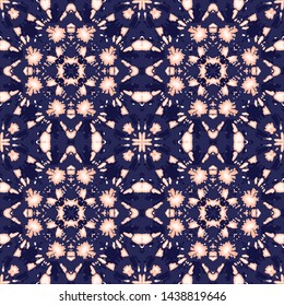 Abstract Vertical Mirrored Coral Tie-Dye Shibori Kaleidoscope Squares on Dark Indigo Background Vector Seamless Pattern. Perfect for Spring-Summer Textiles, Stationery