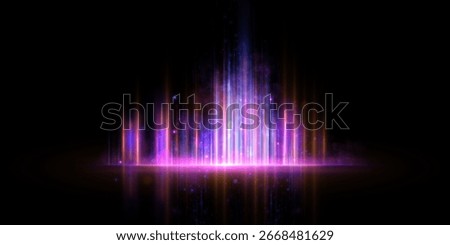 Abstract vertical neon spectrum rays with glare and particles, laser vertical beams. Light background effect for overlays.